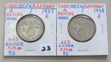 1937A 1938A GERMANY SILVER 2 MARK COINS