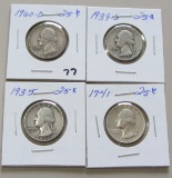 Lot of 4 - 1935, 1939-S, 1941 & 1960-D Silver Washington Quarter 