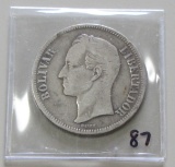 1889 Rare Venezuela Silver 5 Bolivares