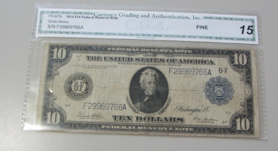 $10 FEDERAL RESERVENOTE ATLANTA 1914 CGA FINE 15