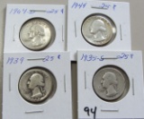 Lot of 4 - 1935-S, 1939, 1944 & 1964-D Washington Silver Quarters