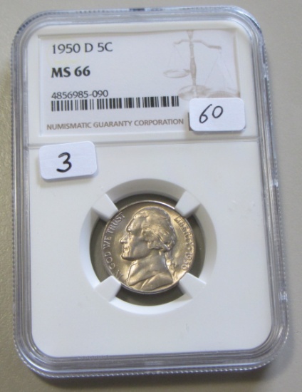 1950-D JEFFERSON NICKEL NGC GEM MS 66 PRICE GUIDE IS $60