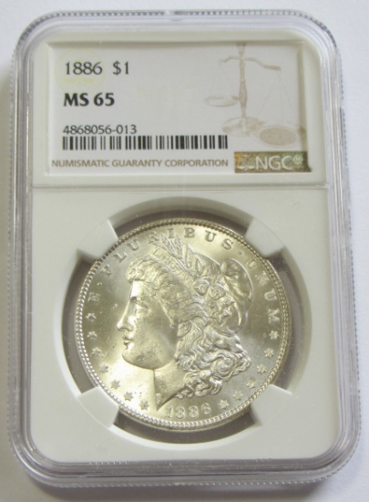 GEM $1 1886 MORGAN SILVER DOLLAR NGC MS 65 BLAST WHITE