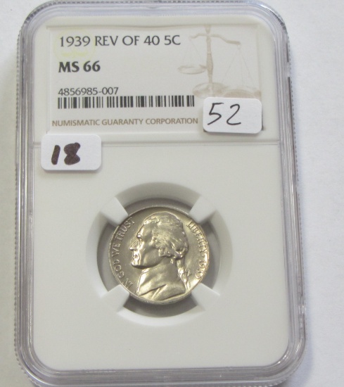 1939 REVERSE OF 40 NICKEL NGC MS 66