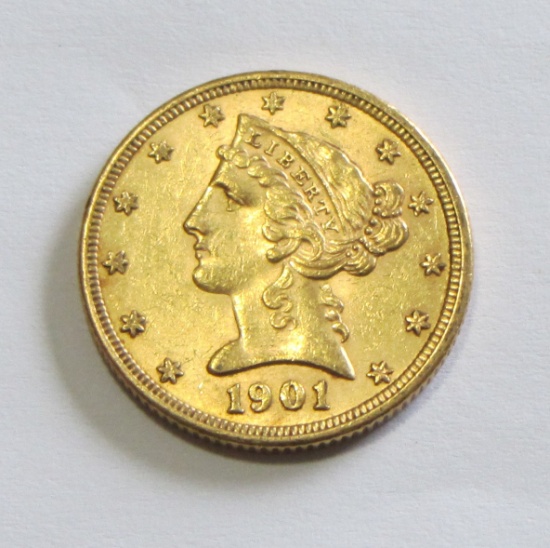 $5 GOLD 1901 LIBERTY HALF EAGLE SHARP EYE APPEAL