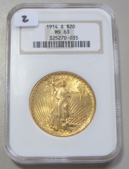 BEAUTIFUL $20 GOLD SAINT GAUDENS 1914-S NGC MINT STATE 63