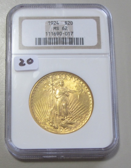 BEAUTIFUL $20 GOLD SAINT GAUDENS 1924 NGC MINT STATE 62