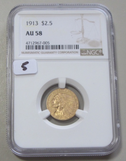 $2.5 1913 GOLD QUARTER INDAIN NGC AU 58
