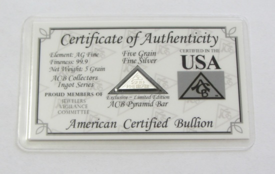 SEALED PYRAMID SILVER BAR .999 FINE 5 GRAIN