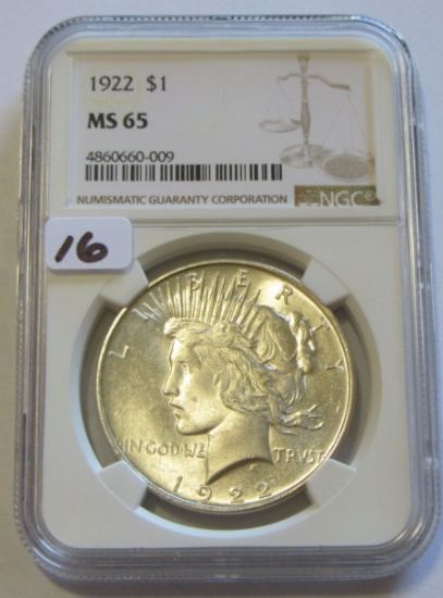 $1 1922 PEACE SILVER DOLLAR NGC MS 65