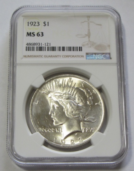 $1 1923 PEACE SILVER DOLLAR NGC MS 63