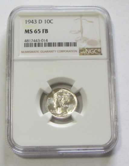 1943-D GEM MERCURY DIME NGC MS 65 FB FULL BANDS!