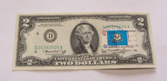 $2 FIRST DAY STAMPED FEDERAL RESERVE NOTE 1976 UNCIRCULATED