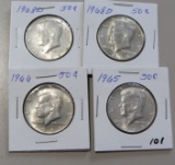 Lot of 4 - 1965, 1966, & 2 1968D 40% Silver Kennedy Half Dollar