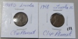 Lot of 2 - 1948 & 1964D Lincoln Cent Clip Plancet