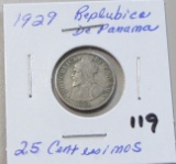 1929 Replubica De Panama 25 Silver Centesimos