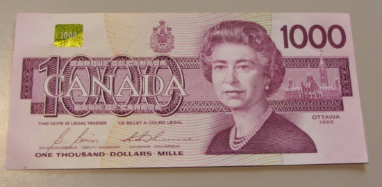 HIGH DENOMINATION $1,000 BANK OF CANADA CURRENCY 1988 HIGH GRADE