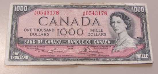 HIGH DENOMINATION $1,000 BANK OF CANADA CURRENCY 1954