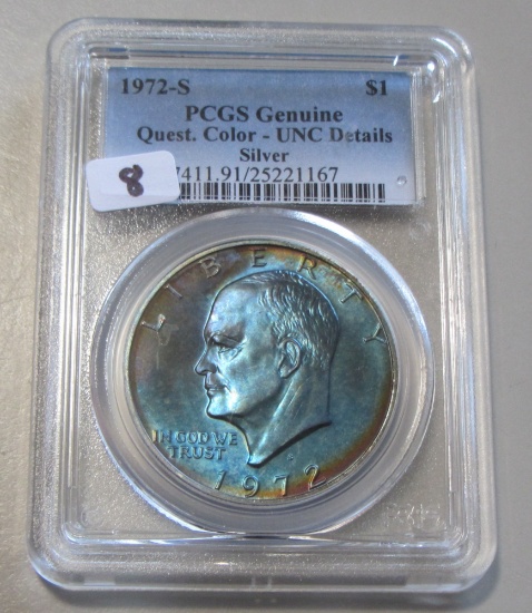 GUN METAL BLUE TONING QUESTIONABLE SILVER $1 IKE 1972-S PCGS