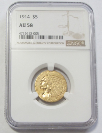 $5 GOLD 1914 INDIAN NGC AU 58