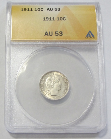 1911 BARBER DIME ANACS AU 53