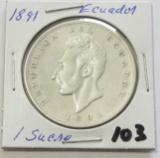 1891 Ecuador  Silver 1 Sucre