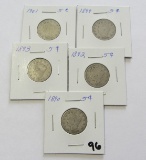 Lot of 5 - 1890, 1892, 1893, 1899 & 1901 Liberty Nickel
