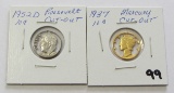 Lot of 2 - 1937 Mercury Dime & 1952D Roosevelt Dime - Jewelry Cut Out
