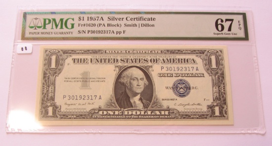 SUPERB GEM $1 1957A SILVER CERTIFICATE PMG 67 EPQ