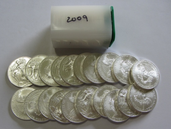 2009 BU FULL ROLL OF 20 SILVER AMERICAN EAGLES 20 OUNCES OF SILVER