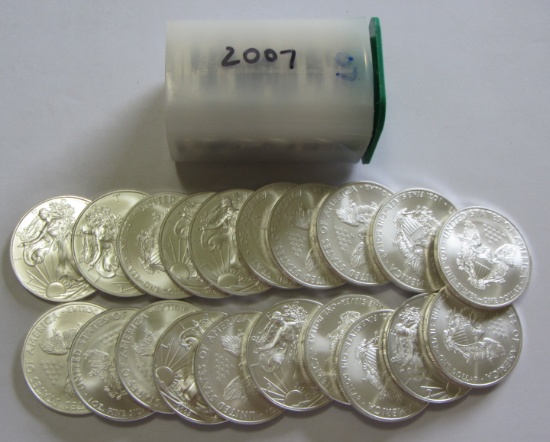 2007 BU FULL ROLL OF 20 SILVER AMERICAN EAGLES 20 OUNCES OF SILVER