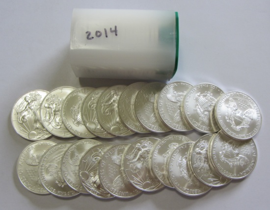 2014 BU FULL ROLL OF 20 SILVER AMERICAN EAGLES 20 OUNCES OF SILVER