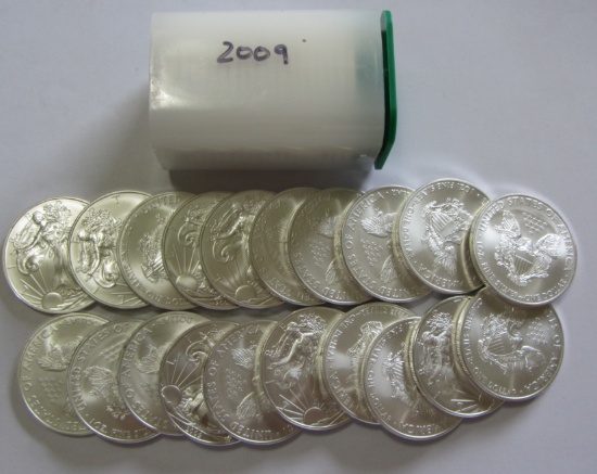 2009 BU FULL ROLL OF 20 SILVER AMERICAN EAGLES 20 OUNCES OF SILVER