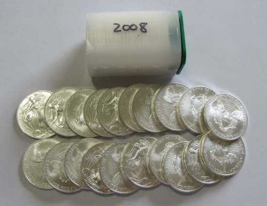2008 BU FULL ROLL OF 20 SILVER AMERICAN EAGLES 20 OUNCES OF SILVER