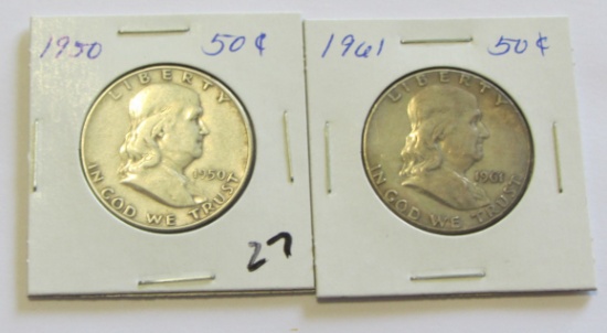 Lot of 2 - 1950 & 1961 Franklin Half Dollar