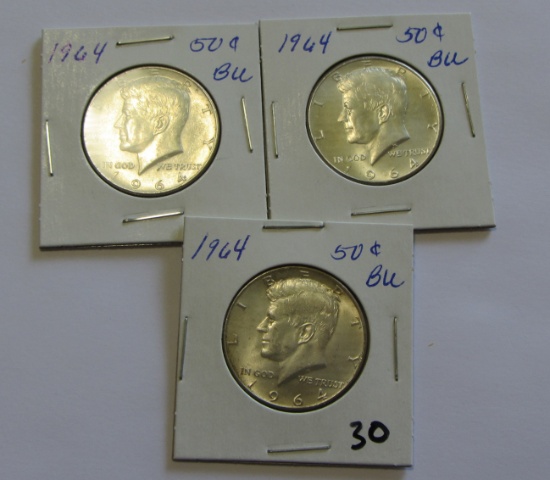 Lot of 3 - 1964 Kennedy Silver Half Dollar BU