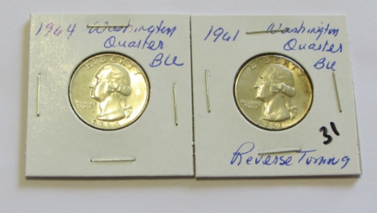 Lot of 2 - 1961 Reverse Toning & 1964 Washington Silver Quarters BU