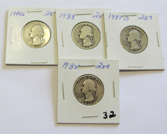 Lot of 4 - 1935, 1937-D, 1938 & 1944-S Washington Silver Quarter - Better D