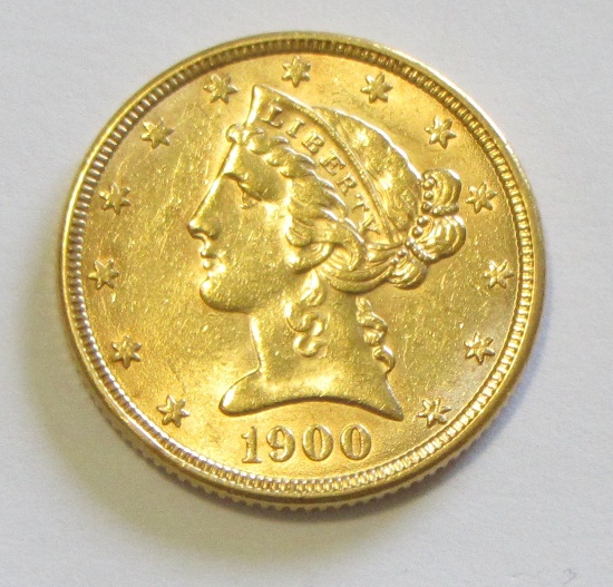 $5 1900 UNC GOLD HALF EAGLE LUSTER