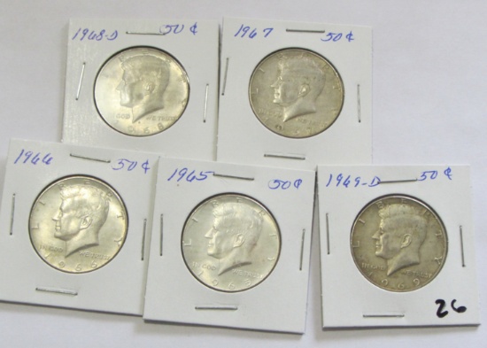 Lot of 5 -  1965, 1966, 1967, 1968D & 1969D Kennedy 40% Silver Kennedy Half