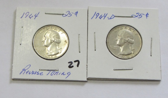 Lot of 2 - 1964 Reverse Toning & 1964-D Washington Silver Quarters BU