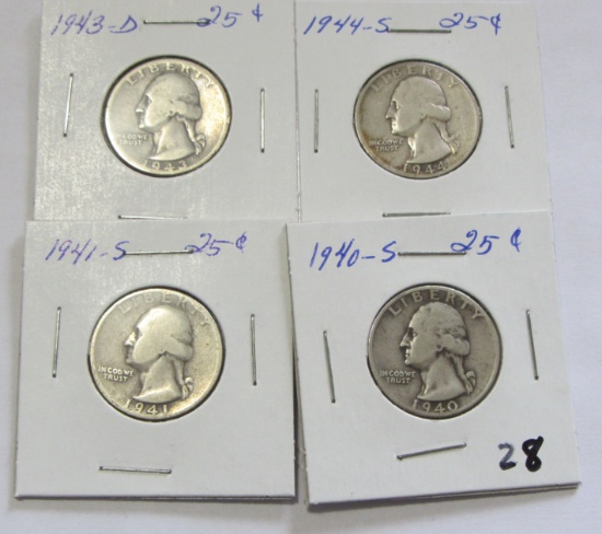 Lot of 4 - 1940S, 1941S, 1943D & 1944S Washington Silver Quarter - Better D