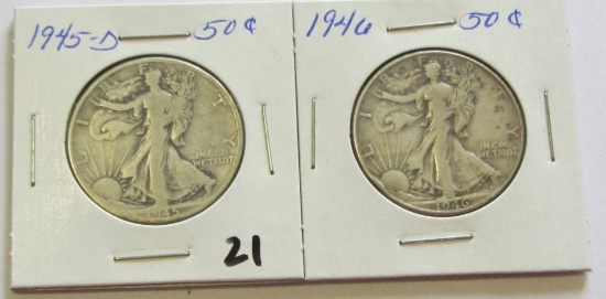 Lot of 2 - 1945-D & 1946 Walking Liberty Half Dollar 