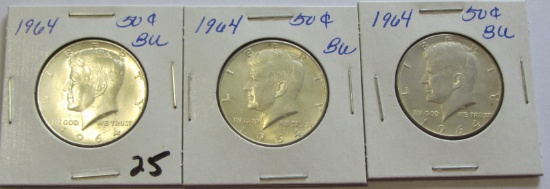 Lot of 3 - 1964 Kennedy Silver Half Dollar 