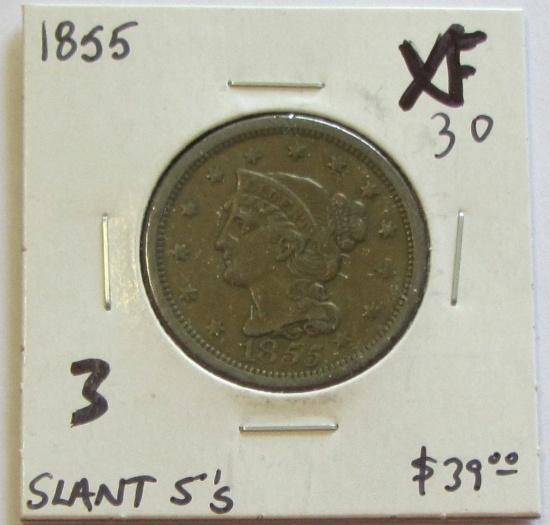 1855 BARAIDED HAIR LARGE CENT HIGH GRADE