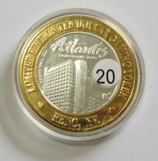 ATLANTIS $10 SILVER CASINO GAMING TOKEN ROUND .999 FINE