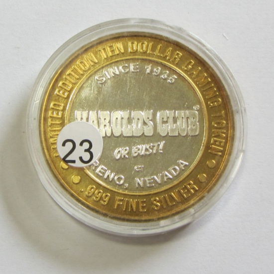 HAROLDS CLUB $10 SILVER CASINO GAMING TOKEN ROUND .999 FINE