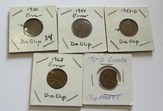 Lot of 5 - Lincoln Cent Clip Errors