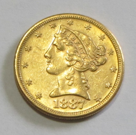 HIGH GRADE $5 GOLD 1887-S HALF EAGLE