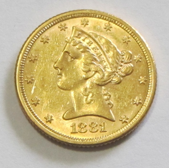 HIGH GRADE $5 GOLD 1881 LUSTER HALF EAGLE